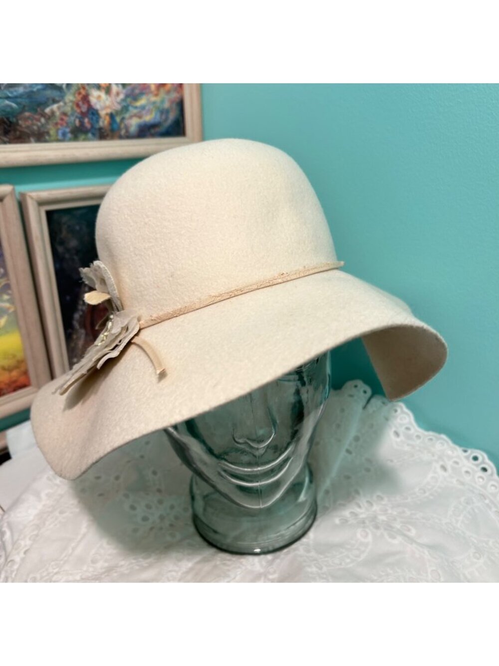 VTG Banana Republic Womens Cream Wool Floppy Hat Flower Detail Italy OS